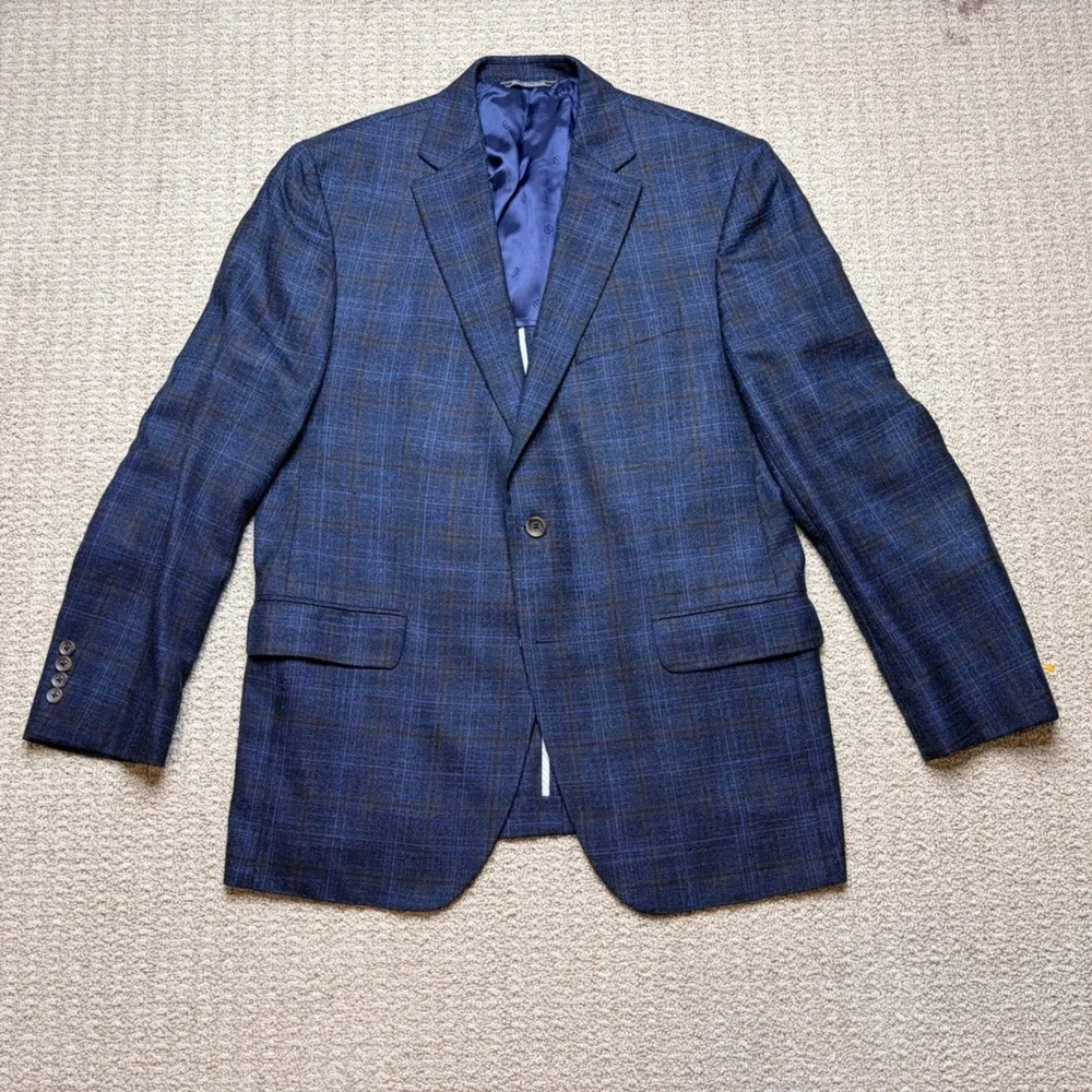 David Donahue 44R Carey SPJ Blue Plaid Wool Bamboo Sport Coat Blazer